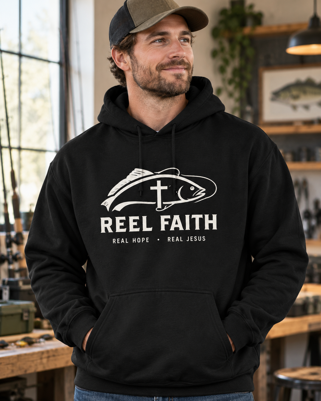 Reel Faith Hoodie — Christian Fishing Sweatshirt